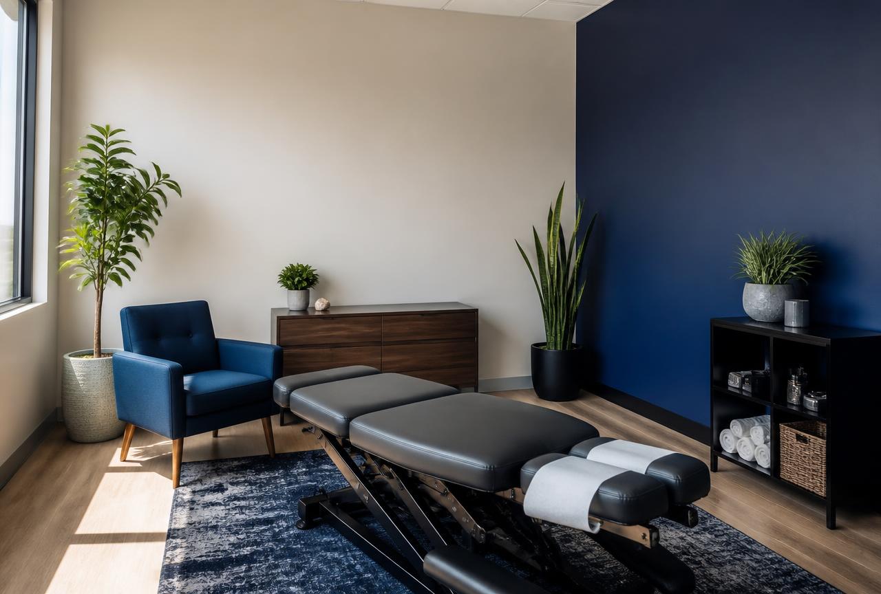 Calm modern chiropractic treatment room with adjustment table and plants